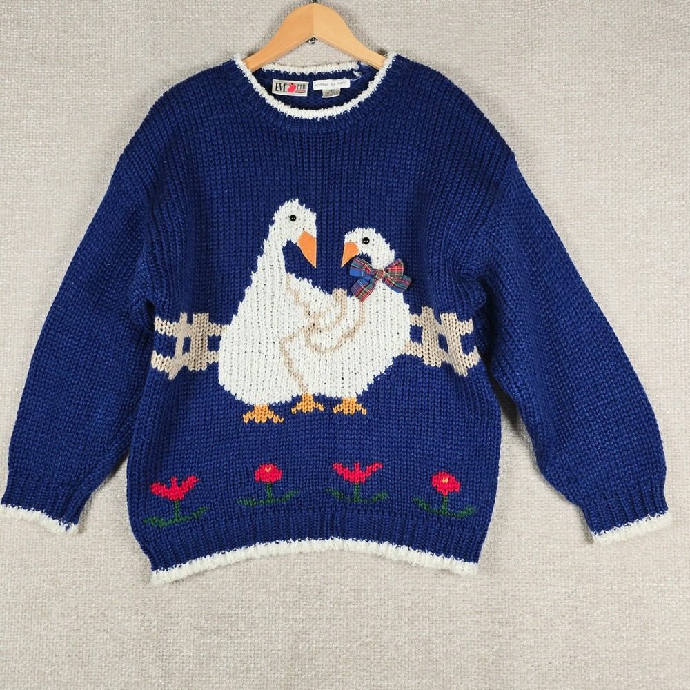 Eve Ltd Vintage Blue Hand Knitted Geese Plaid Bow Sweater Womens Size 18W